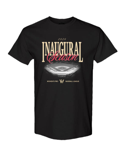 Black WPBL 2026 Inaugural Season T-shirt with stadium design, front view