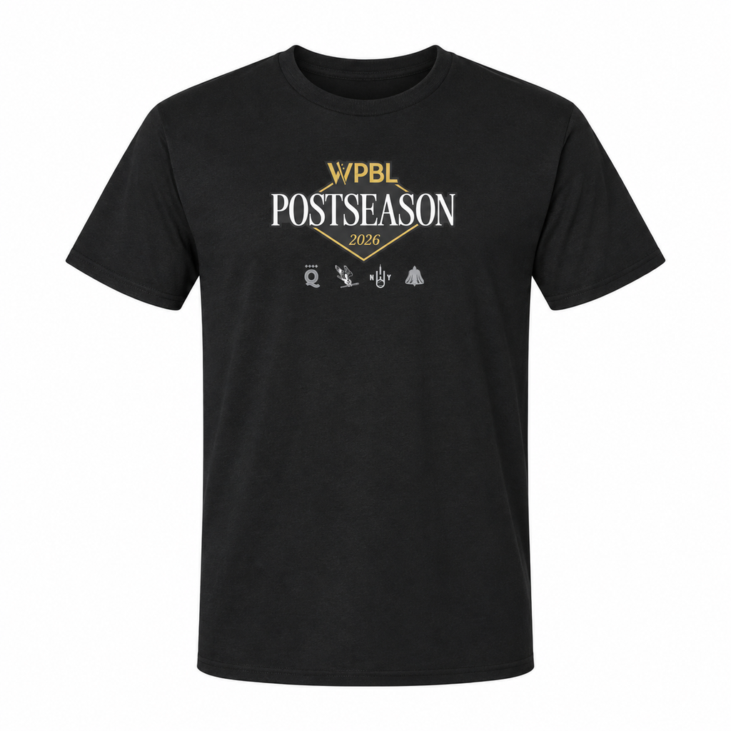 Front studio mockup — black WPBL Postseason 2026 logo T-shirt