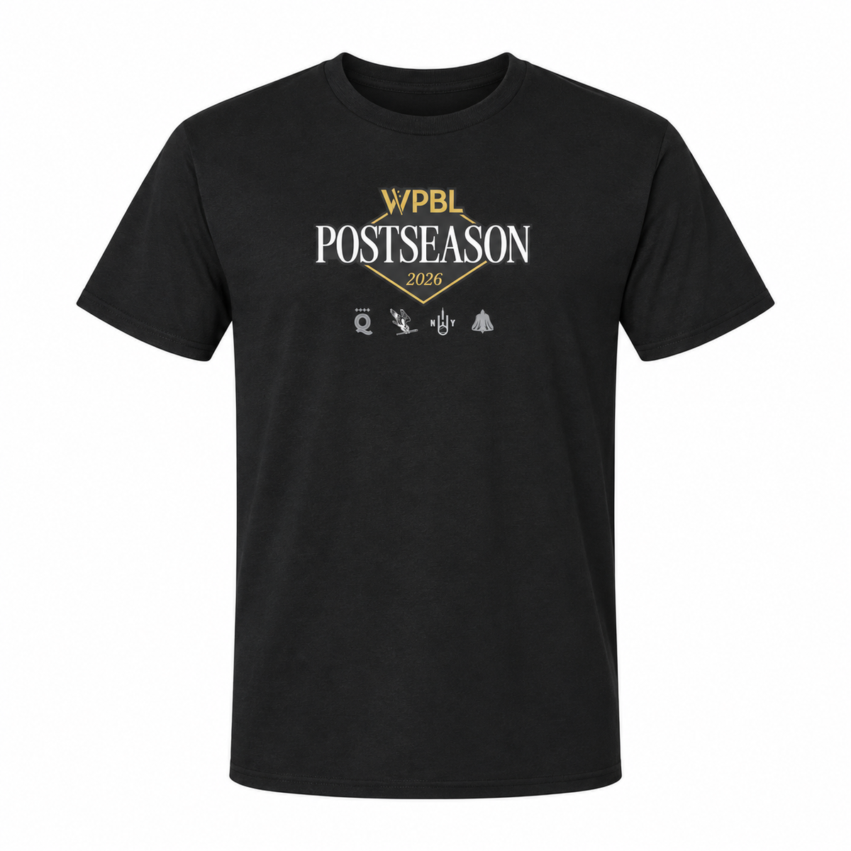 Front studio mockup — black WPBL Postseason 2026 logo T-shirt