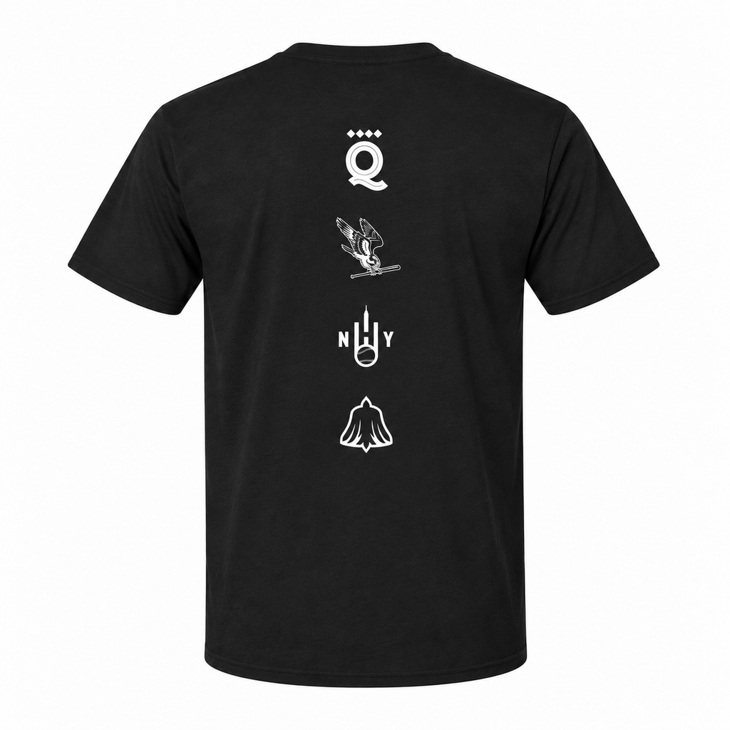 Back studio mockup — black T-shirt with four white team logos