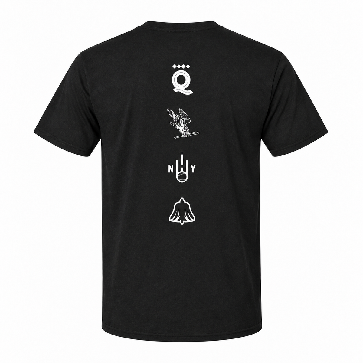 Back studio mockup — black T-shirt with four white team logos